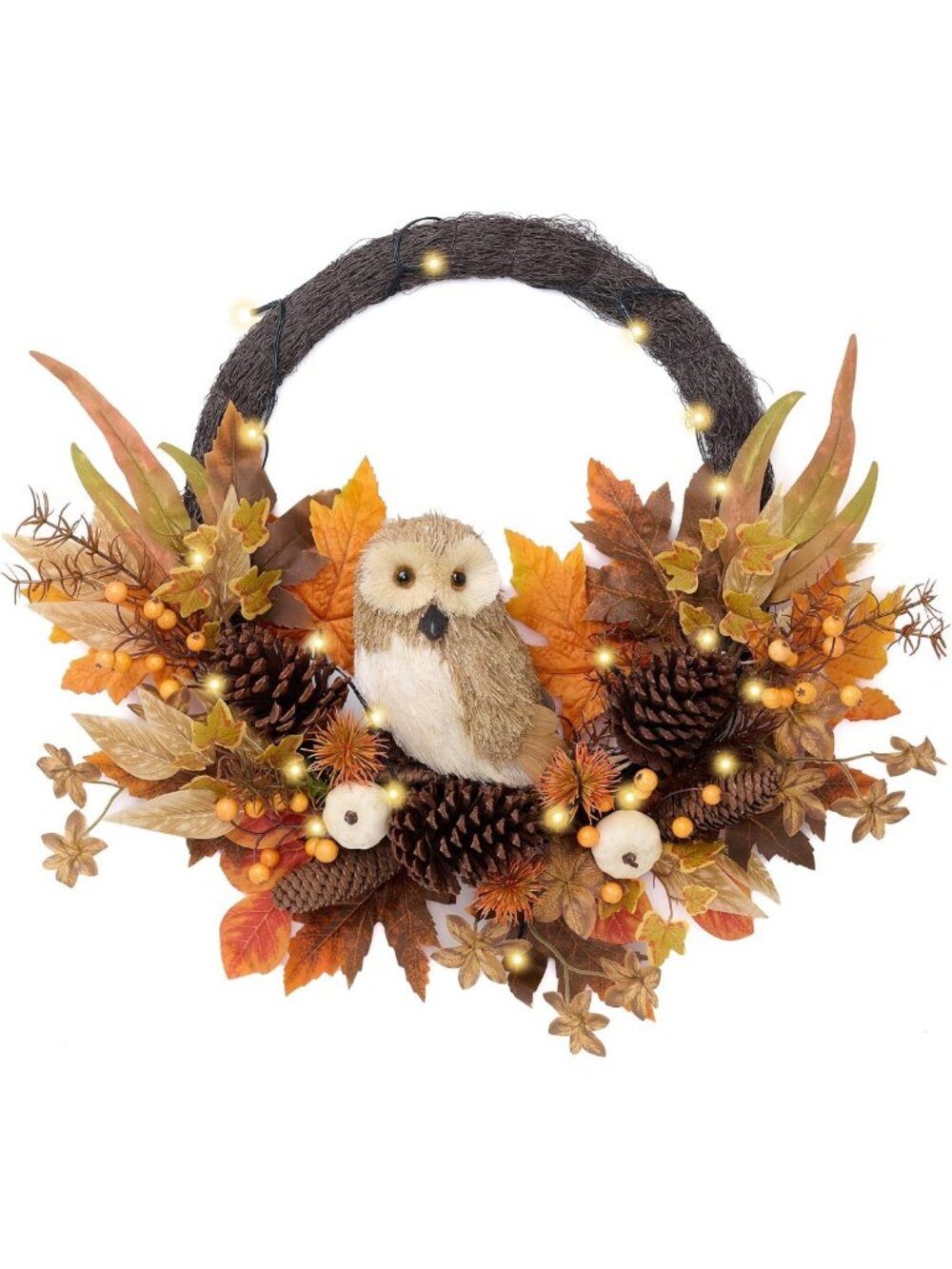 24'' Collapsible Fall Wreath with Owl & Pumpkin - Perfect for Front Door Decor